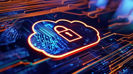 Poster - a digital cloud with a padlock symbolizes cybersecurity, data protection, and cloud computing in a v