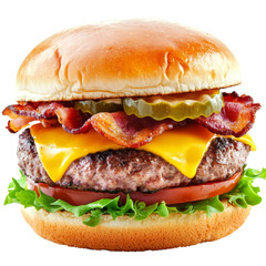 Poster - Delicious cheeseburger with bacon, lettuce, tomato, pickles, and soft bun, perfect for satisfying meal