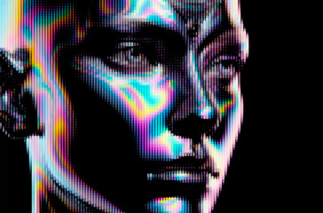 Aufkleber - Futuristic vector illustration of a digital face composed of iridescent pixelated dots against a black background, creating a reflective and technological aesthetic with a modern touch.
