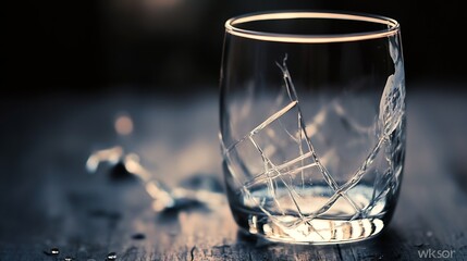 Poster - Closeup view of a cracked glass tumbler on a wooden table background : Generative AI