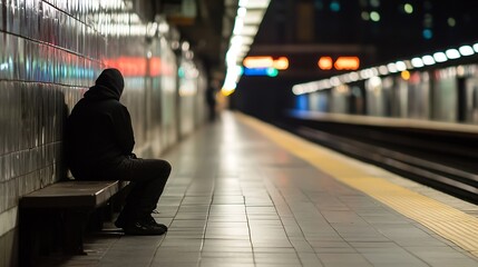 Poster - Lonely figure seated at a subway station platform in an urban setting at night : Generative AI