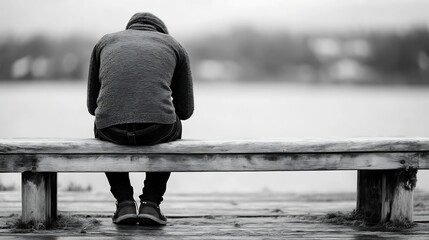 Poster - Solitary figure sitting on a bench by the water reflecting on a cloudy day in black and white : Generative AI