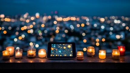 a futuristic computer reveals shining circuit patterns set against an urban landscape