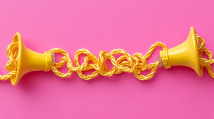 Poster - Creative action of twisting yellow speakers on pink background graphic design concept vibrant and playful environment