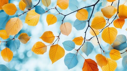 Poster - Serene Autumn Leaves: A Dreamy Close-up of Yellow, Gold, and Blue-Gray Foliage Against a Softly Blurred Background