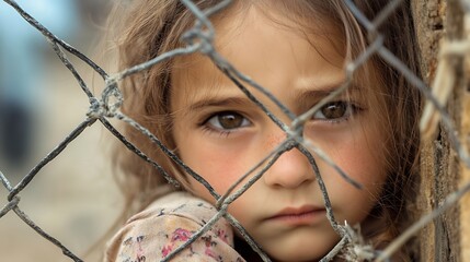 Aufkleber - Heartbreaking expression of a little girl looking through a rusty fence reflecting vulnerability and longing : Generative AI
