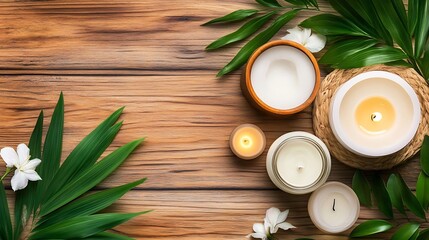 Poster - Relaxing scene featuring beautifully arranged candles surrounded by tropical leaves on a wooden surface : Generative AI