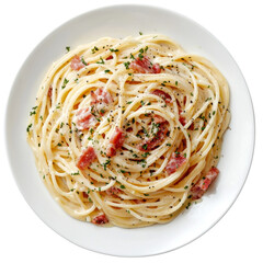 Wall Mural - Creamy spaghetti with bacon, garnished with parsley, served on white plate. This delicious dish is perfect for pasta lovers and evokes sense of comfort and satisfaction