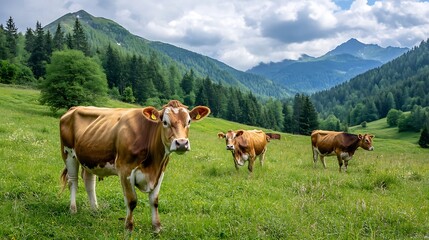 Poster - Serene Pastoral Scene with Brown Cows Grazing in Lush Green Alpine Meadow under a Bright Blue Sky : Generative AI