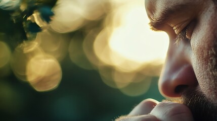 Poster - Close Up Profile of Thoughtful Bearded Man Contemplating Life with Soft Bokeh Background at Sunset : Generative AI