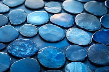 Wall Mural - Close-up of various blue stone pebbles arranged on a surface, showcasing their unique textures and colors