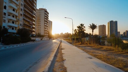 Fototapete - Scenic urban sunset view showcasing buildings along a quiet road with a warm golden glow : Generative AI