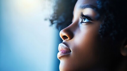 Poster - Closeup profile of a young girl with curly hair emphasizing beauty and deep contemplation : Generative AI