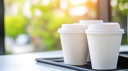 Aufkleber - Collection of four disposable coffee cups arranged on a tray in a bright café setting : Generative AI