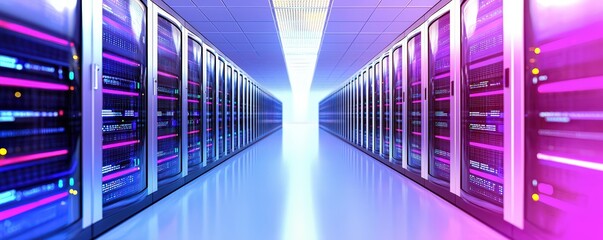 Poster - a futuristic data center with rows of servers illuminated by vibrant lights, showcasing advanced tec