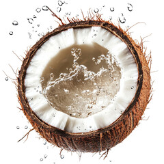 Poster - Fresh coconut with water splashing inside, showcasing its natural texture and refreshing essence. Perfect for tropical themes and healthy lifestyle concepts