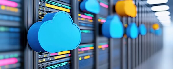 Poster - a modern data center featuring colorful cloud icons integrated with server racks, representing cloud