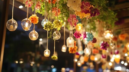 Poster - Vibrant hanging flower decorations with colorful blooms and glass lanterns creating a festive atmosphere : Generative AI
