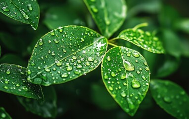 Wall Mural - Crystal-clear water droplets on fresh green leaves