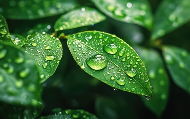 Wall Mural - Crystal-clear water droplets on fresh green leaves