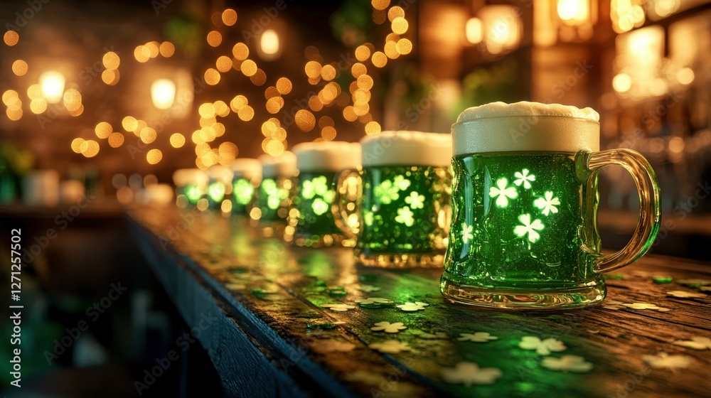 Happy St. Patrickâ€™s Day Background, a line of green beer mugs placed on a rustic wooden bar counter with golden bokeh lighting in the background, soft glow accentuating the frothy beer
