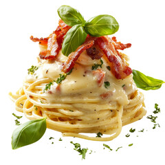 Wall Mural - Creamy pasta with bacon and fresh basil, garnished with herbs. delicious and indulgent dish perfect for any meal