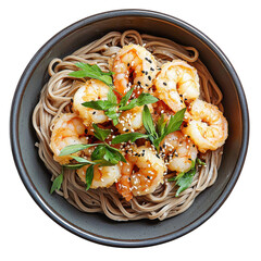 Wall Mural - Delicious shrimp served on bed of soba noodles, garnished with fresh herbs and sesame seeds, creating vibrant and appetizing dish