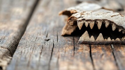 Poster - Detailed close up of a wooden artifact resembling an animal skull with sharp teeth on a rustic background : Generative AI
