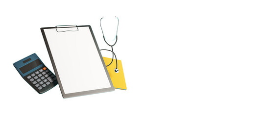 Poster - Medical clipboard, stethoscope, calculator, and file isolated on white background. Healthcare and financial planning concept. 3D Rendering