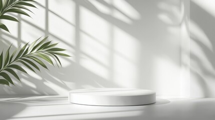 Poster - The white podium stands elegantly in a softly lit room, surrounded by lush green leaves. Gentle shadows dance across the walls, creating a tranquil atmosphere designed for exquisite product showcases