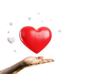 Aufkleber - Large red heart floating above an open hand with small white hearts around on a white background. Concept of love, care, and Valentine's Day