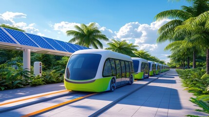 Poster - A futuristic electric train glides along a palm-lined path, with solar panels nearby, embodying eco-friendly transportation in a vibrant landscape.
