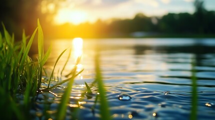 Poster - Closeup of dew on blades of grass reflecting sunlight over a peaceful water body : Generative AI