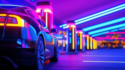 Poster - a sleek car is illuminated by vibrant neon lights in a futuristic setting, highlighting its design a