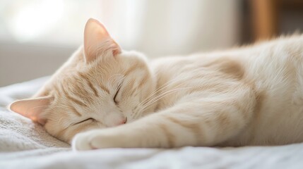 Poster - Sleeping Cream Colored Cat Relaxing Comfortably on a Soft Bed in a Cozy Room : Generative AI