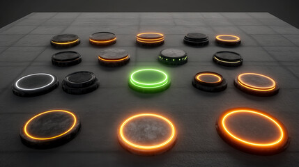 Aufkleber - Interactive light buttons showcase virtual space 3d render dark environment top-down view technology concept