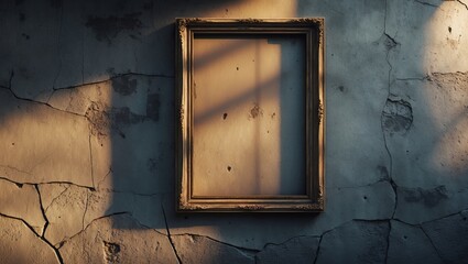 Poster - old, cracked wall with an ornate empty frame illuminated by sunlight in an abandoned setting