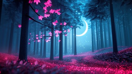 Poster - A serene forest scene with towering trees adorned with glowing neon vines, their vibrant hues illuminating the forest floor with an otherworldly glow.