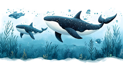 Poster - Two orcas swim gracefully through an underwater scene filled with bubbles and aquatic plants, showcasing the beauty of marine life