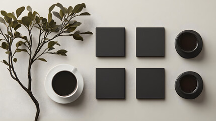 Poster - A minimalist arrangement featuring a coffee cup, plant branch, coasters, and two dark cups on a light surface