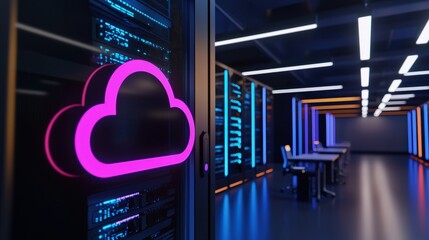 Poster - a modern data center featuring glowing server racks and a prominent cloud symbol, representing cloud