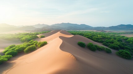 Poster - An aerial shot of a vast desert landscape, with wind sculpted sand dunes forming natural triangular patterns.