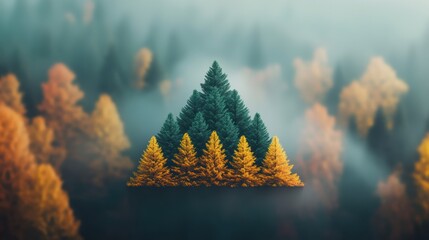 Poster - A vibrant autumnal forest scene with a triangular patch of evergreen trees standing out against the backdrop of colorful foliage.