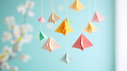 Poster - A colorful origami mobile with various triangular shapes suspended from delicate threads, creating a playful and whimsical decoration.