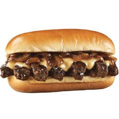 Poster - delicious sandwich featuring tender beef, melted cheese, and caramelized onions on soft bun, perfect for satisfying meal