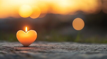 Poster - A serene heart shaped candle glowing softly against a beautiful sunset backdrop : Generative AI