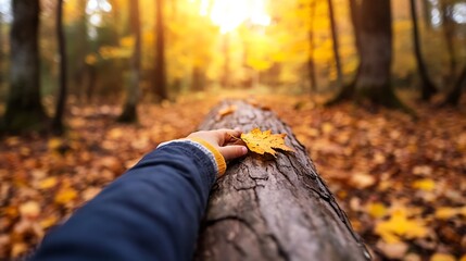 Aufkleber - A hand gently touching a vibrant autumn leaf resting on a log illuminated by warm golden sunlight : Generative AI