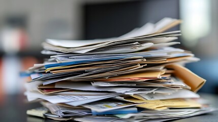 Poster - Messy pile of assorted papers and documents stacked on modern office desk : Generative AI