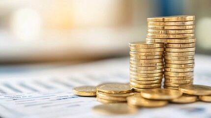 Poster - Stack of shiny gold coins arranged on financial papers in bright lighting : Generative AI