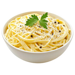 Wall Mural - Creamy spaghetti pasta topped with cheese and parsley, served in bowl. This delicious dish is perfect for any meal